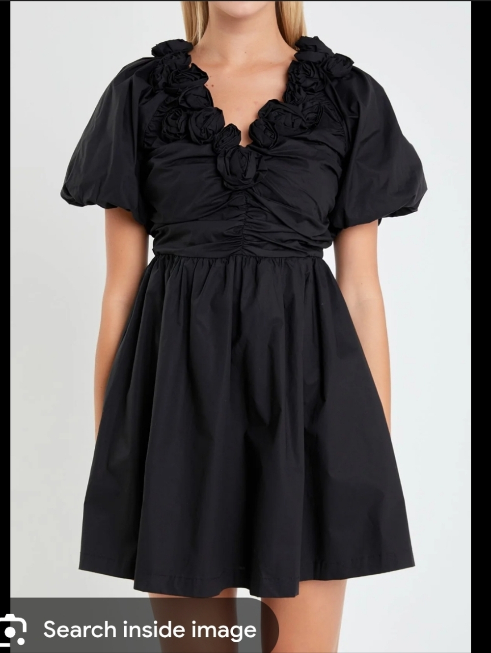 English Factory Women’s Small Black Puff Sleeve Dress Rosette Ruffle V Neck Mini
